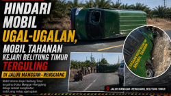 HINDARI MOBIL UGAL-UGALAN, MOBIL TAHANAN KEJARI BELITUNG TIMUR TERGULING DI JALUR MANGGAR–RENGGIANG, SATU JAKSA TERLUKA